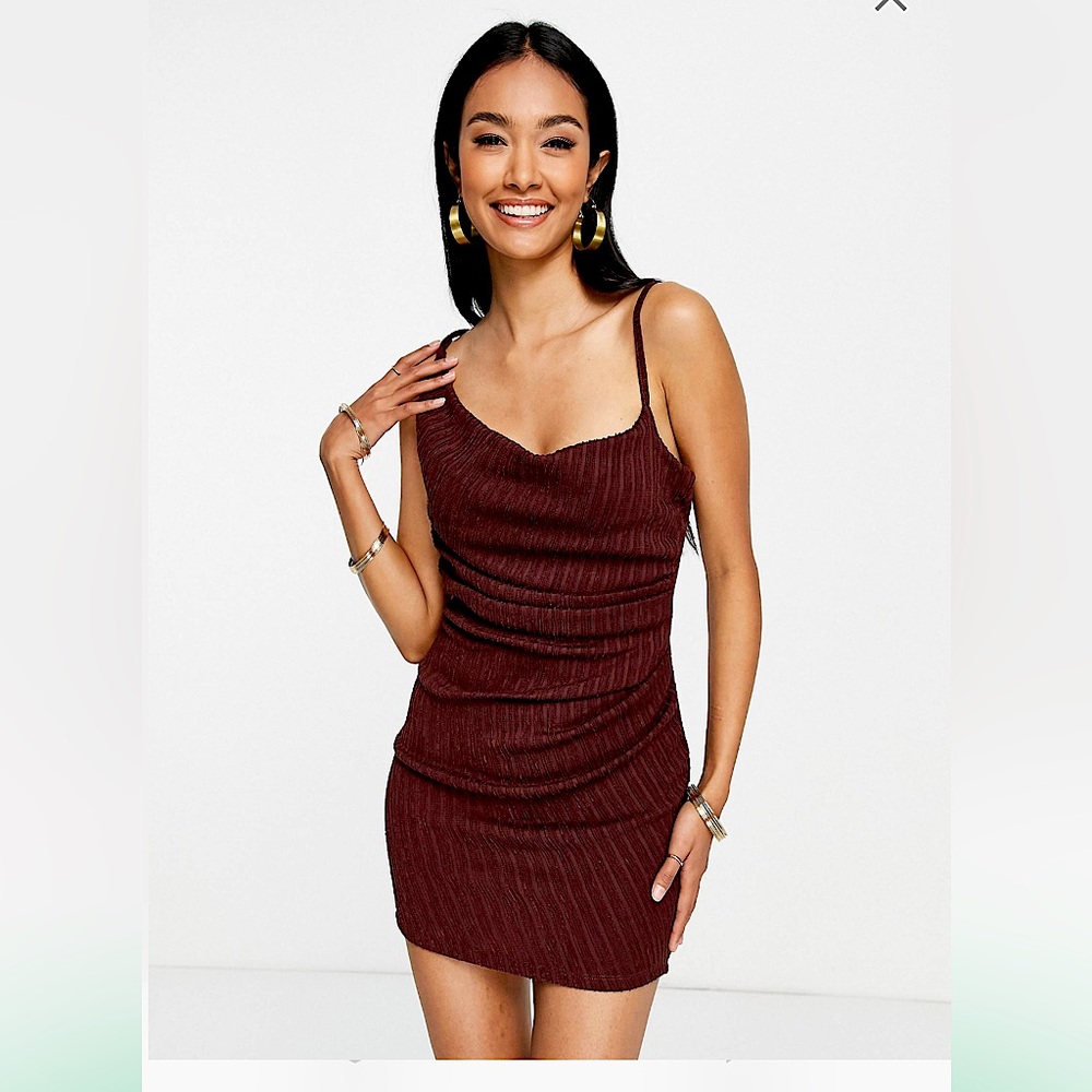 ASOS textured strappy drapey mini dress in chocolate brown